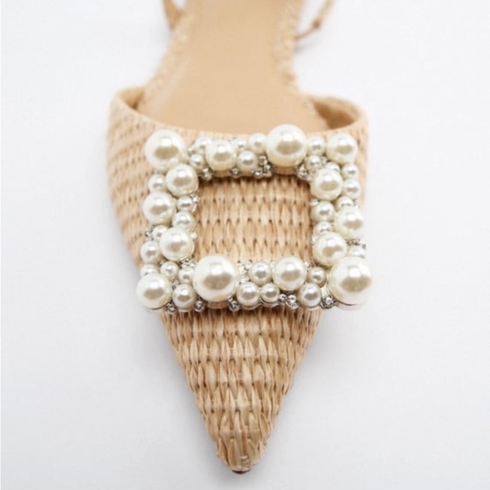 Zara pearl embellished flats woven sling back flats sandals pearls 38